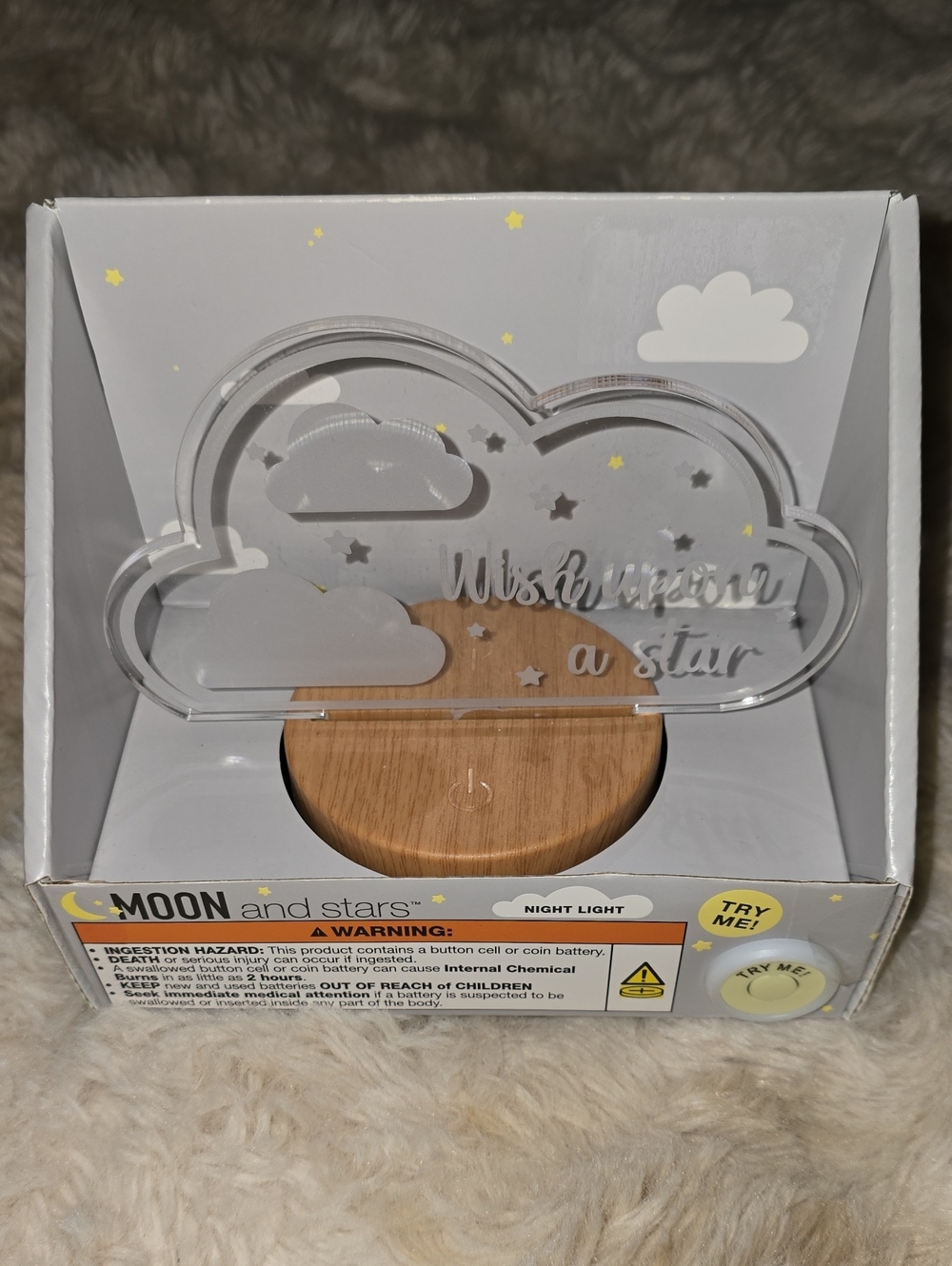 Moon and Stars Cloud Night Light - Clear Acrylic & Fake Wood Base